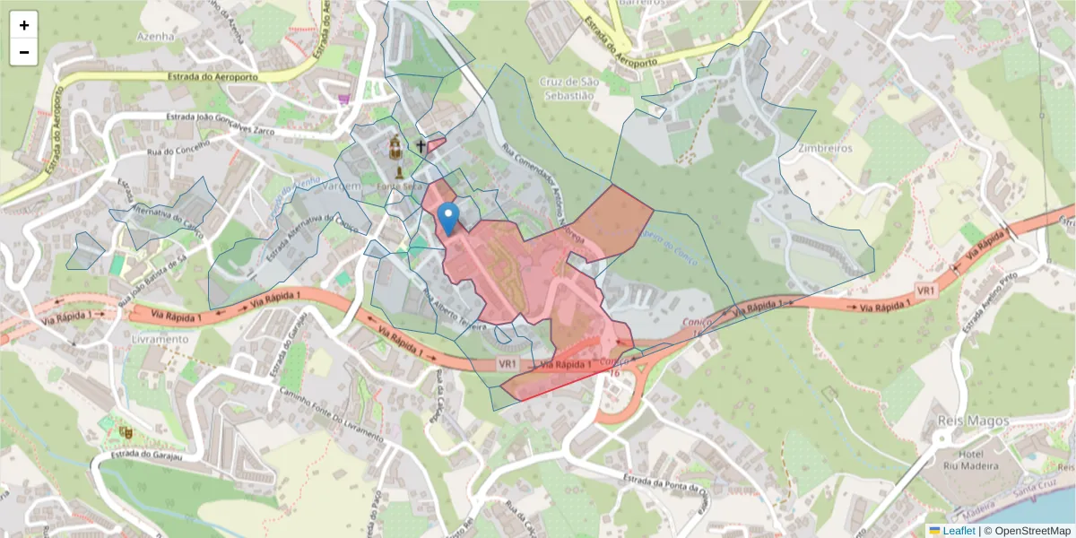 Mapa detalhado do código postal 9125-035 com limites, códigos postais vizinhos e agências dos correios