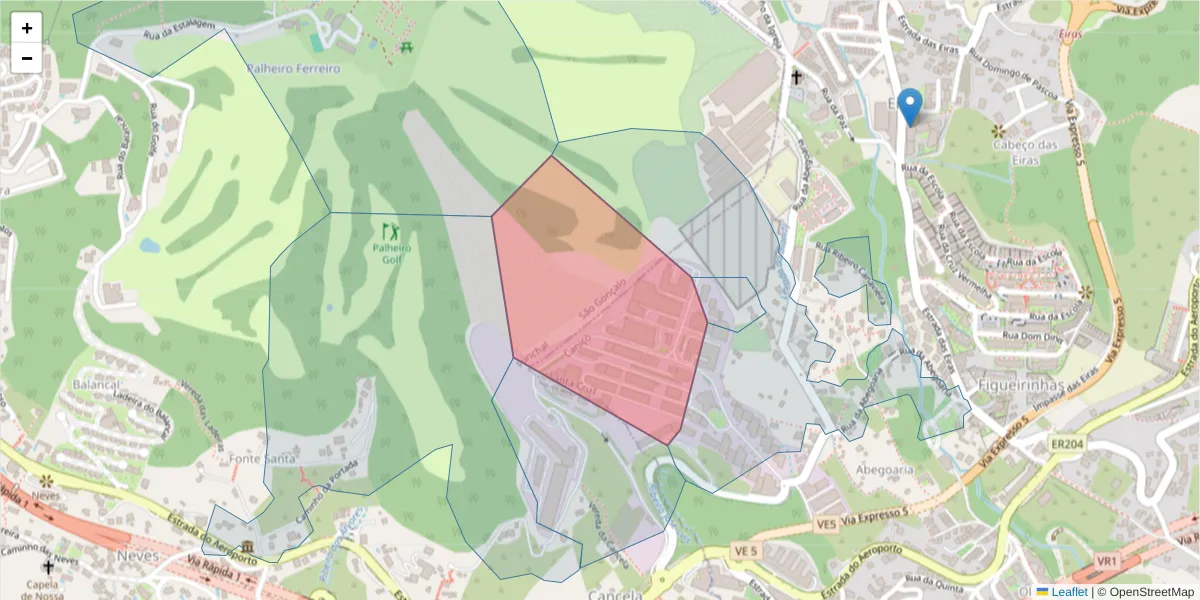 Mapa detalhado do código postal 9125-042 com limites, códigos postais vizinhos e agências dos correios