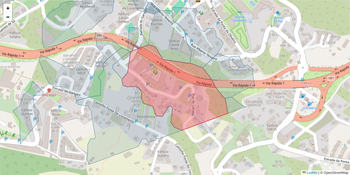 Mapa detalhado do código postal 9125-052 com limites, códigos postais vizinhos e agências dos correios