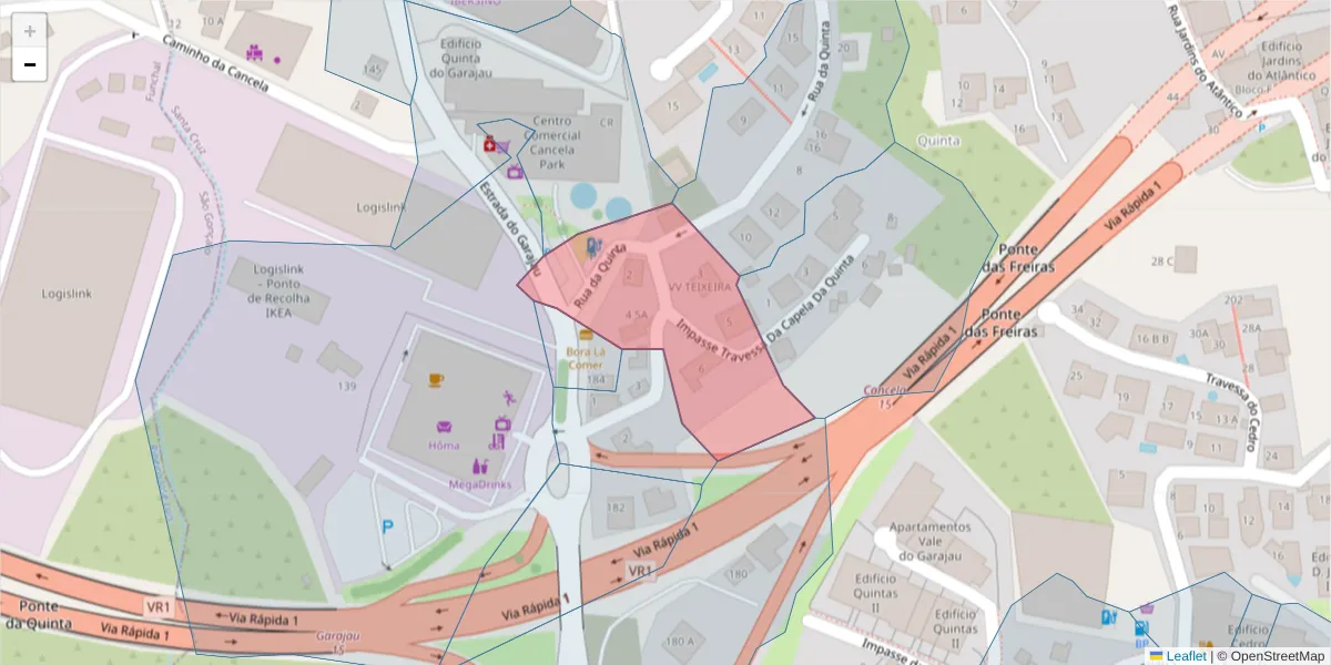 Mapa detalhado do código postal 9125-054 com limites, códigos postais vizinhos e agências dos correios