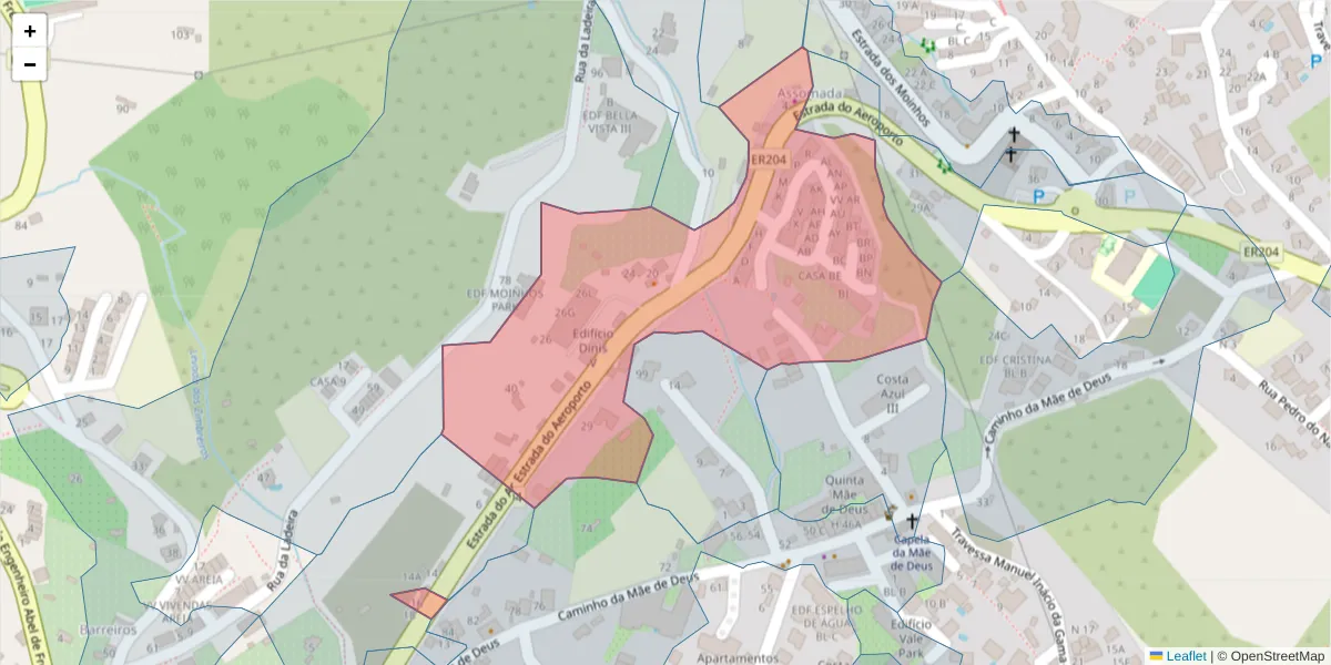 Mapa detalhado do código postal 9125-080 com limites, códigos postais vizinhos e agências dos correios