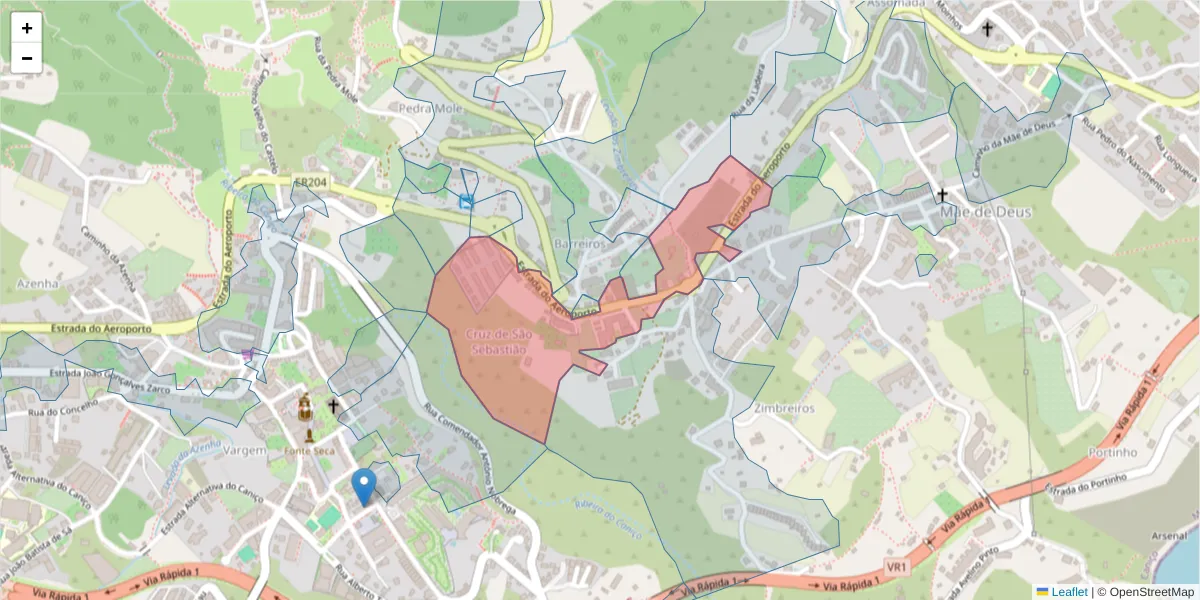 Mapa detalhado do código postal 9125-081 com limites, códigos postais vizinhos e agências dos correios