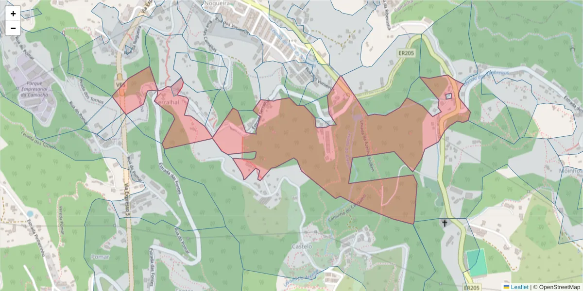 Mapa detalhado do código postal 9125-098 com limites, códigos postais vizinhos e agências dos correios