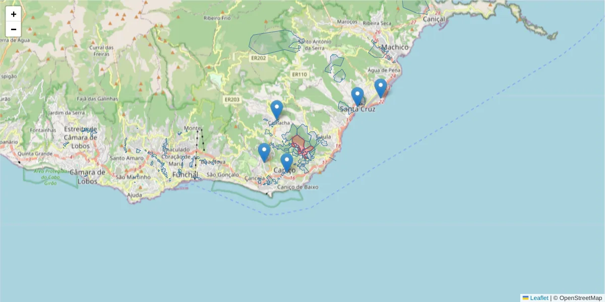 Mapa detalhado do código postal 9125-103 com limites, códigos postais vizinhos e agências dos correios