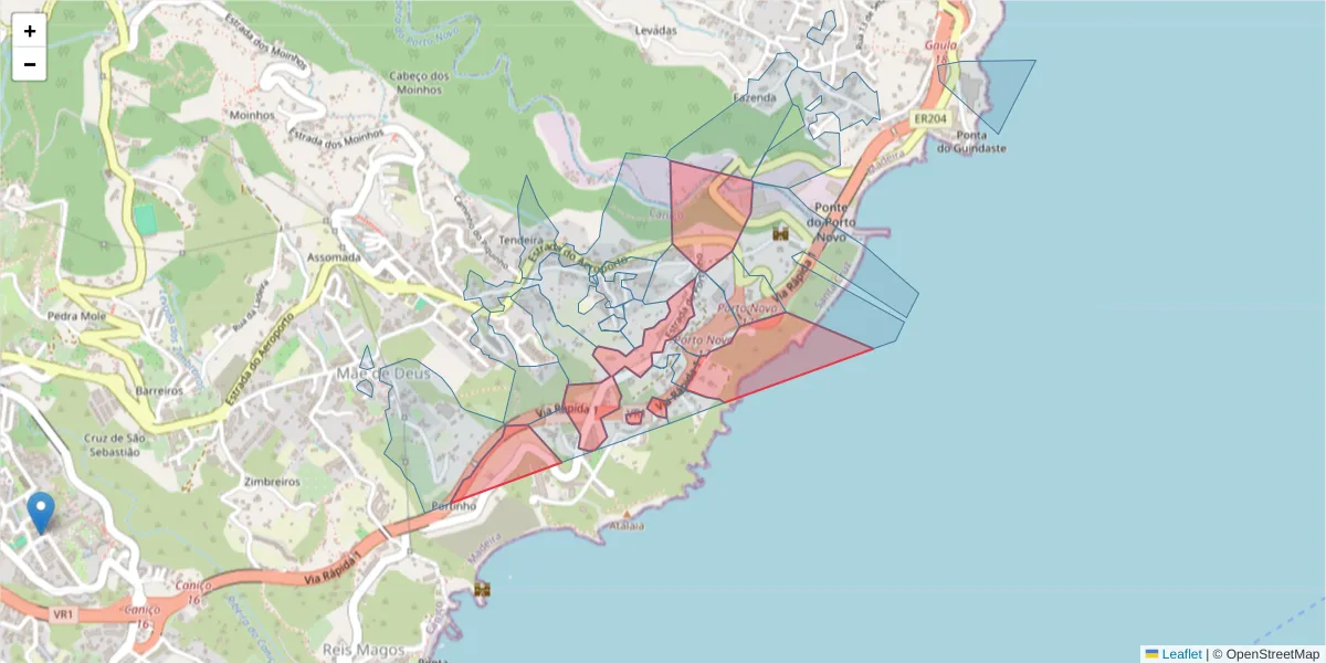 Mapa detalhado do código postal 9125-110 com limites, códigos postais vizinhos e agências dos correios