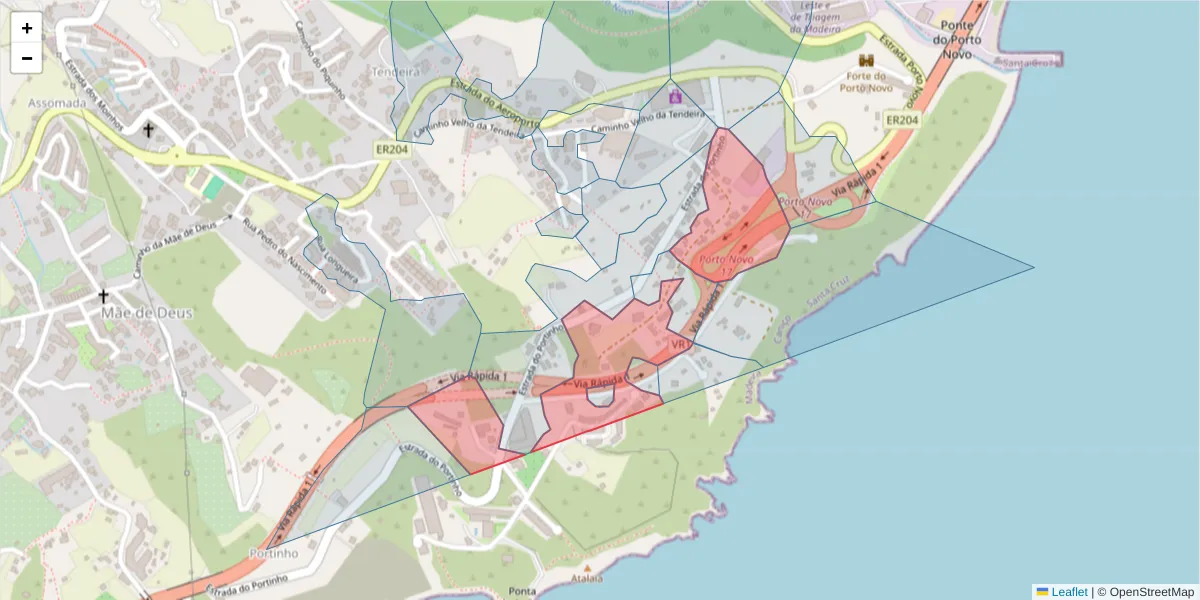 Mapa detalhado do código postal 9125-114 com limites, códigos postais vizinhos e agências dos correios