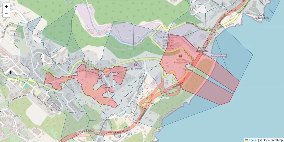 Mapa detalhado do código postal 9125-116 com limites, códigos postais vizinhos e agências dos correios