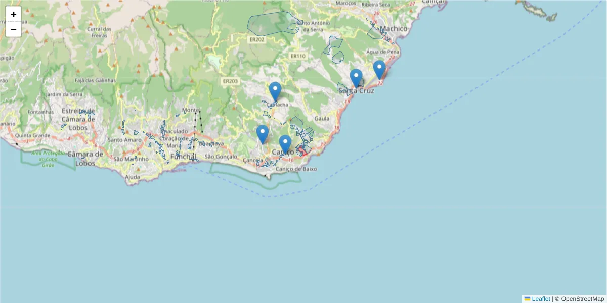 Mapa detalhado do código postal 9125-121 com limites, códigos postais vizinhos e agências dos correios