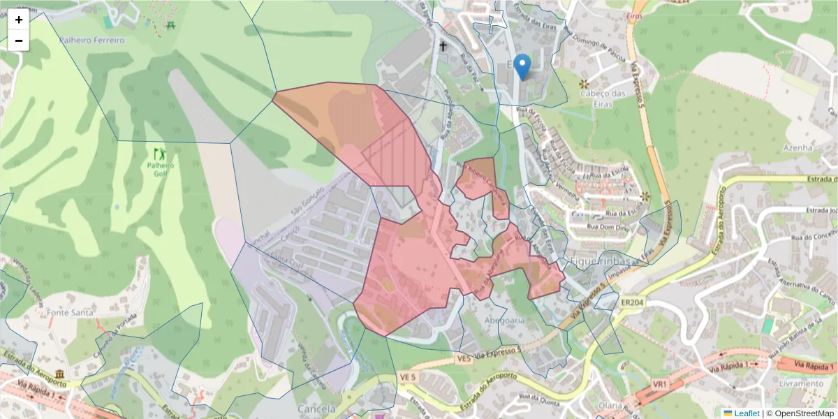 Mapa detalhado do código postal 9125-122 com limites, códigos postais vizinhos e agências dos correios