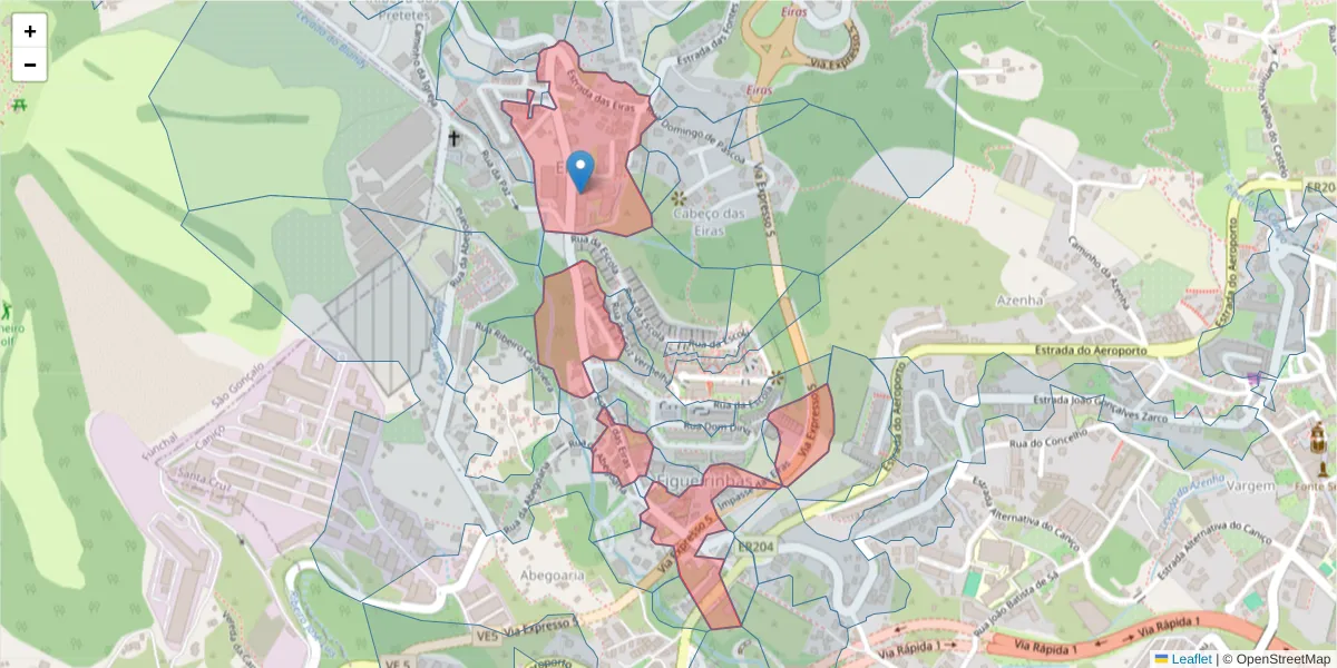 Mapa detalhado do código postal 9125-129 com limites, códigos postais vizinhos e agências dos correios