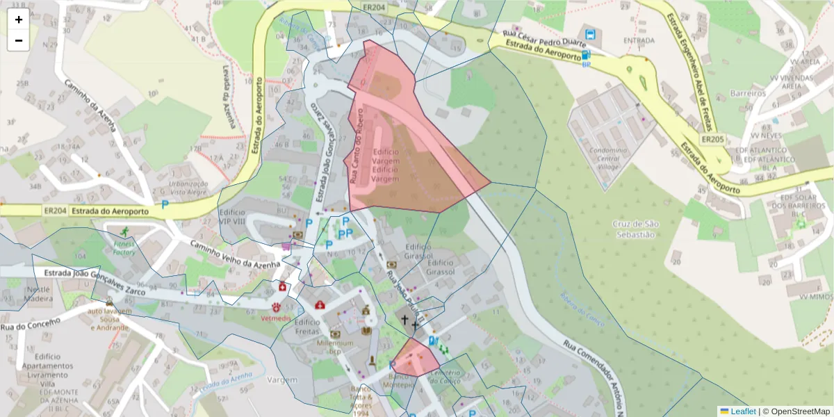 Mapa detalhado do código postal 9125-142 com limites, códigos postais vizinhos e agências dos correios