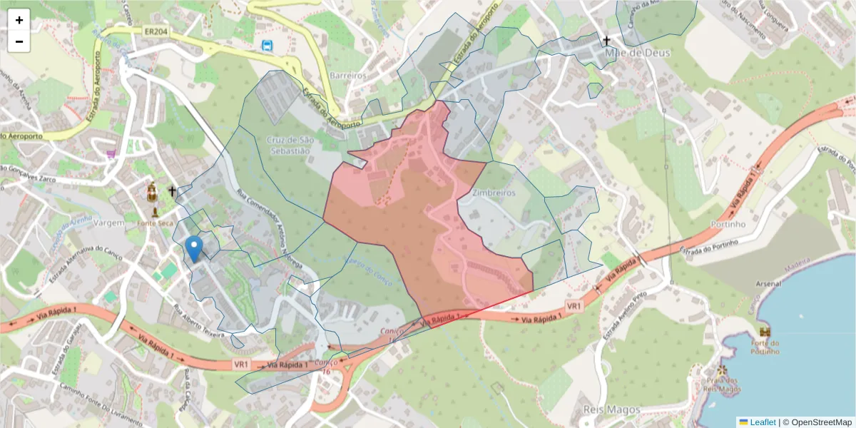 Mapa detalhado do código postal 9125-147 com limites, códigos postais vizinhos e agências dos correios