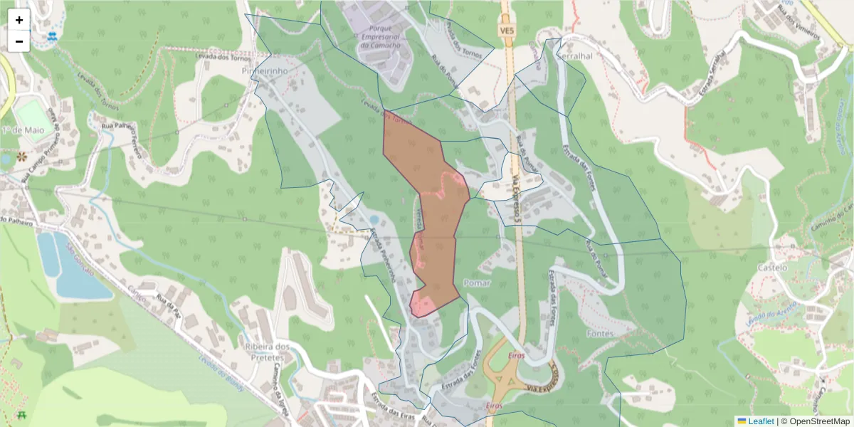 Mapa detalhado do código postal 9125-154 com limites, códigos postais vizinhos e agências dos correios