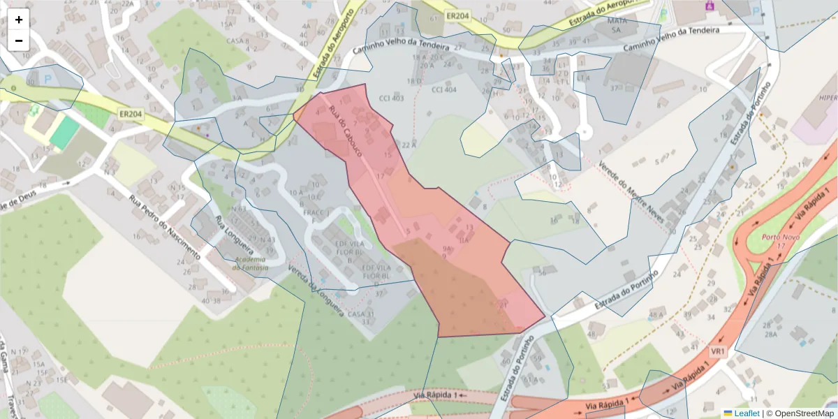 Mapa detalhado do código postal 9125-174 com limites, códigos postais vizinhos e agências dos correios