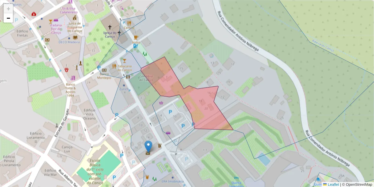 Mapa detalhado do código postal 9125-180 com limites, códigos postais vizinhos e agências dos correios