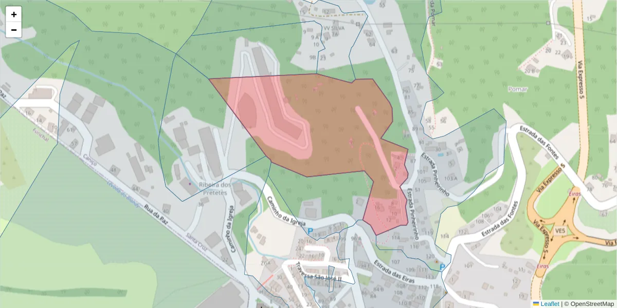 Mapa detalhado do código postal 9125-244 com limites, códigos postais vizinhos e agências dos correios
