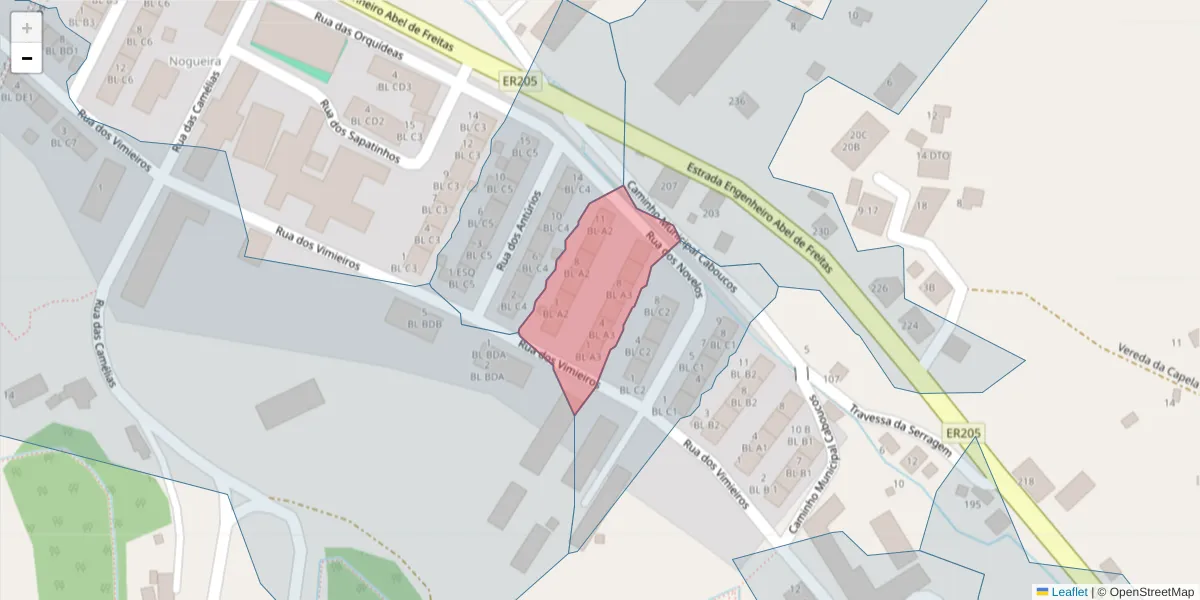 Mapa detalhado do código postal 9135-054 com limites, códigos postais vizinhos e agências dos correios