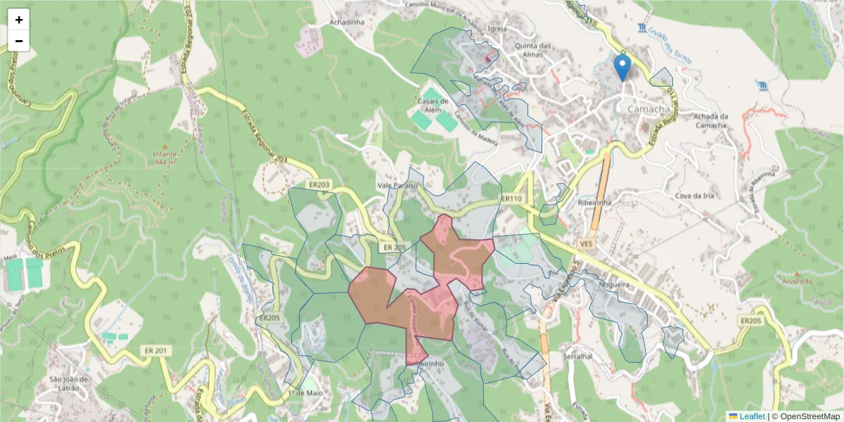 Mapa detalhado do código postal 9135-415 com limites, códigos postais vizinhos e agências dos correios
