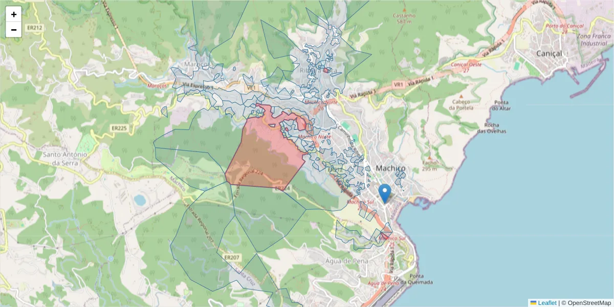 Mapa detalhado do código postal 9200-073 com limites, códigos postais vizinhos e agências dos correios
