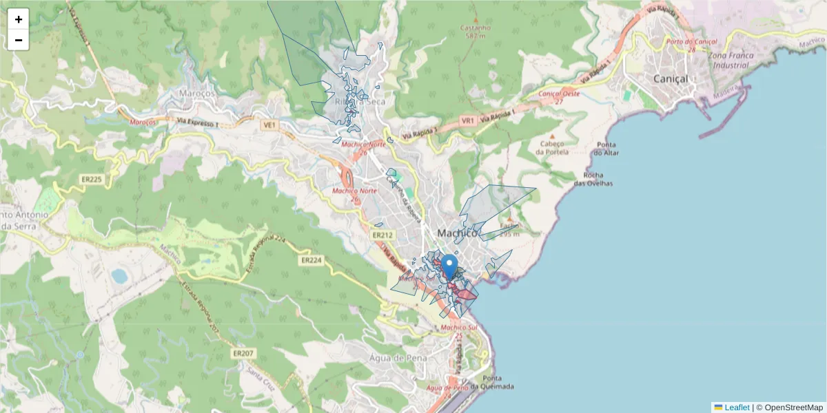 Mapa detalhado do código postal 9200-102 com limites, códigos postais vizinhos e agências dos correios