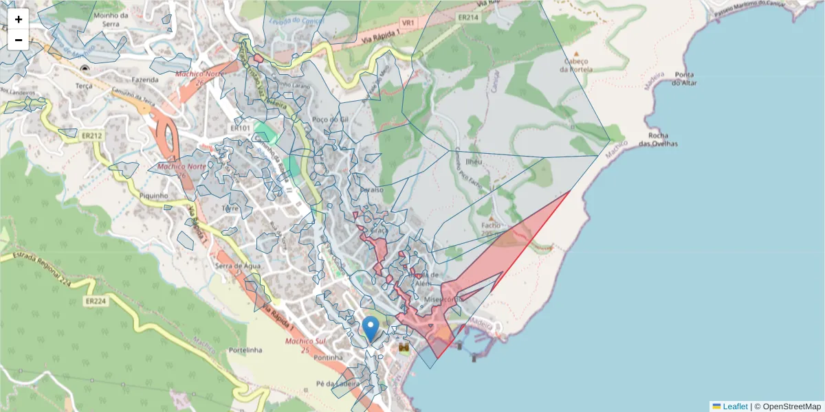 Mapa detalhado do código postal 9200-107 com limites, códigos postais vizinhos e agências dos correios