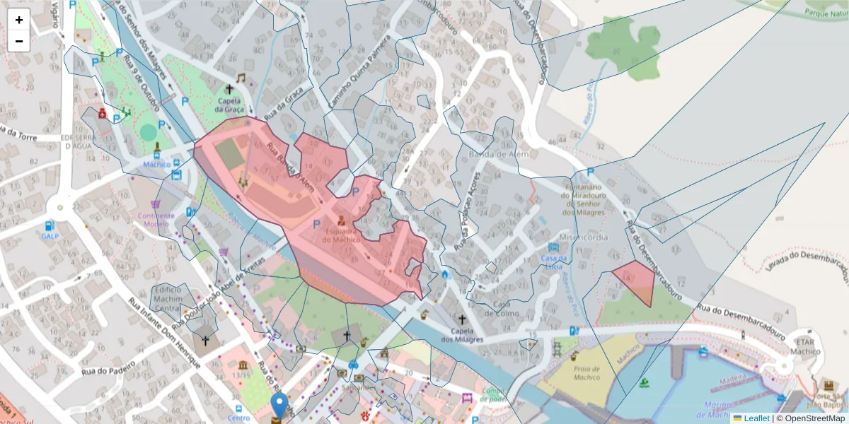 Mapa detalhado do código postal 9200-108 com limites, códigos postais vizinhos e agências dos correios