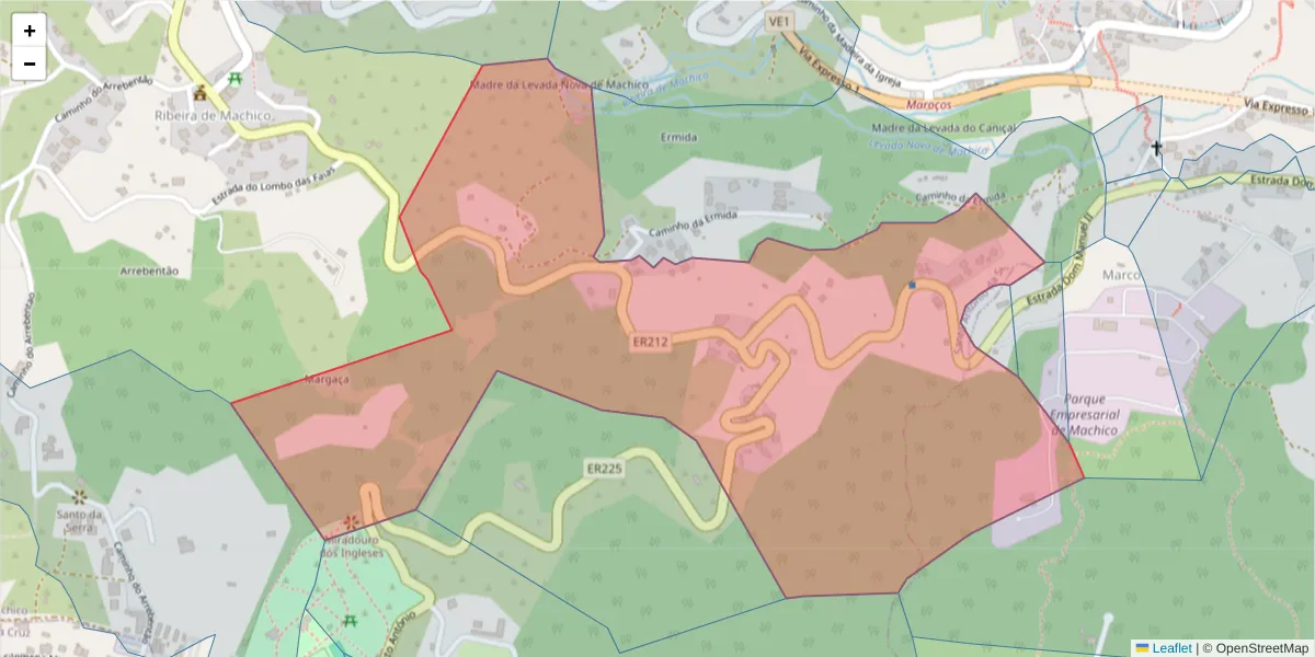 Mapa detalhado do código postal 9200-111 com limites, códigos postais vizinhos e agências dos correios