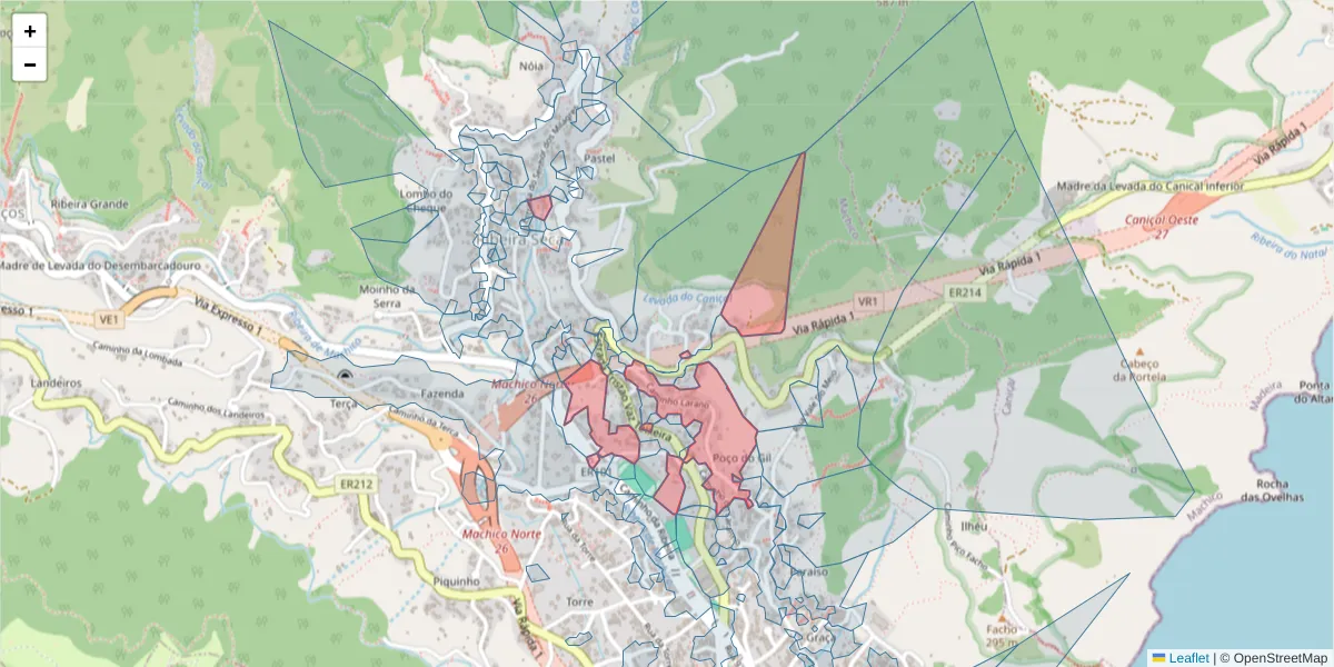 Mapa detalhado do código postal 9200-121 com limites, códigos postais vizinhos e agências dos correios