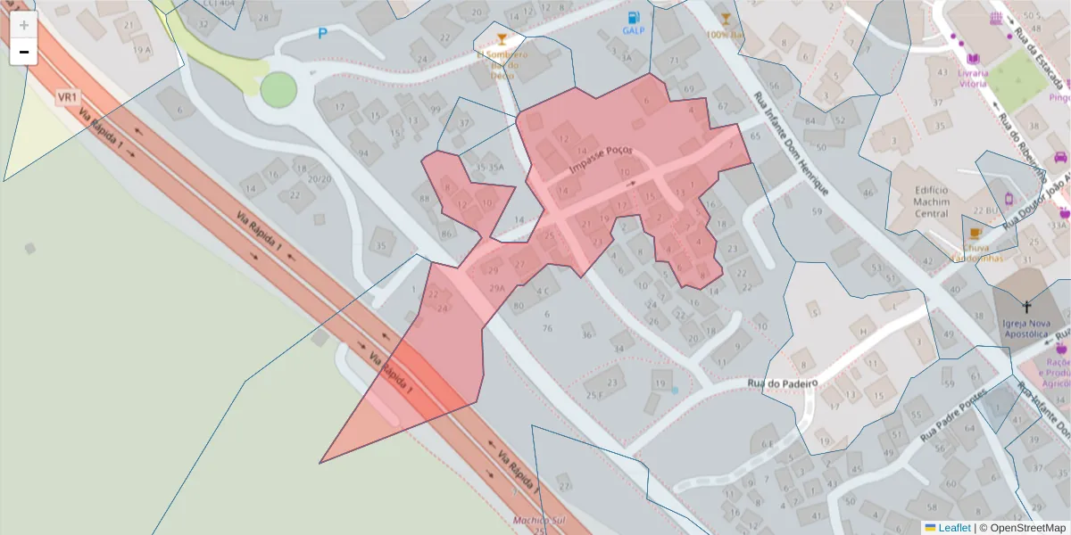 Mapa detalhado do código postal 9200-131 com limites, códigos postais vizinhos e agências dos correios