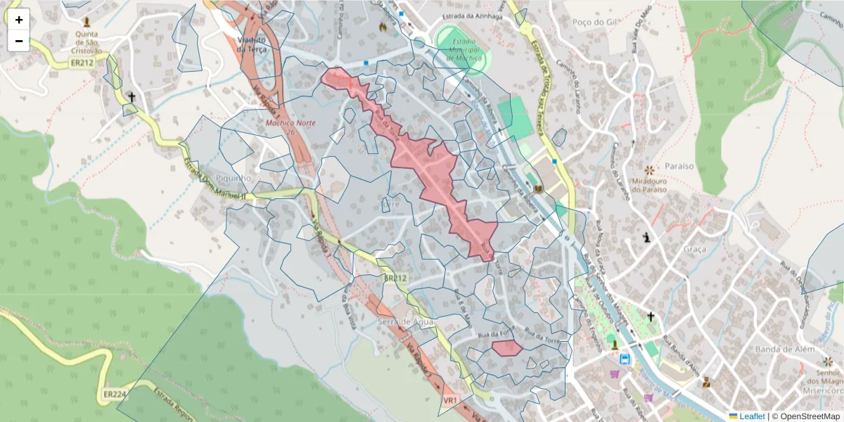 Mapa detalhado do código postal 9200-401 com limites, códigos postais vizinhos e agências dos correios