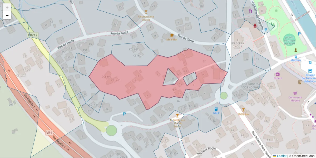 Mapa detalhado do código postal 9200-410 com limites, códigos postais vizinhos e agências dos correios