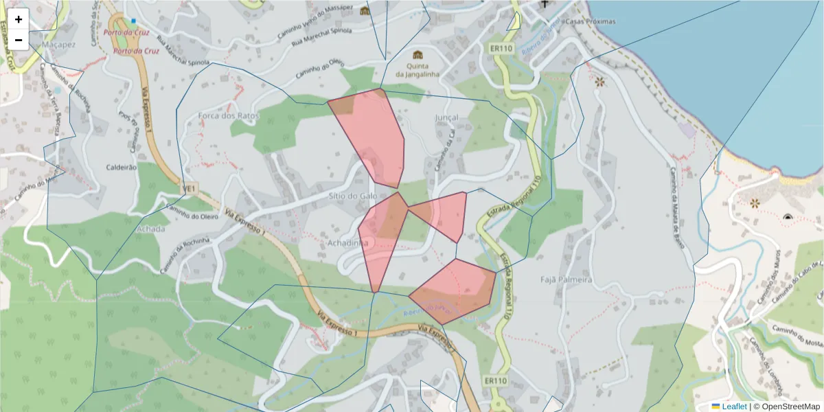 Mapa detalhado do código postal 9225-020 com limites, códigos postais vizinhos e agências dos correios