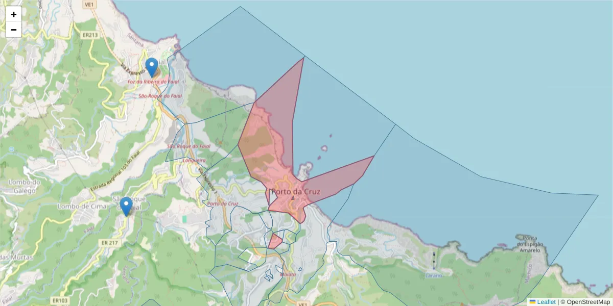Mapa detalhado do código postal 9225-050 com limites, códigos postais vizinhos e agências dos correios