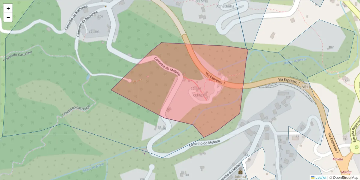 Mapa detalhado do código postal 9225-100 com limites, códigos postais vizinhos e agências dos correios