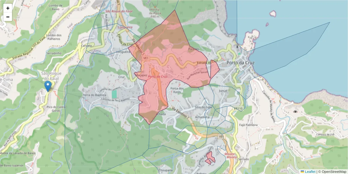 Mapa detalhado do código postal 9225-210 com limites, códigos postais vizinhos e agências dos correios