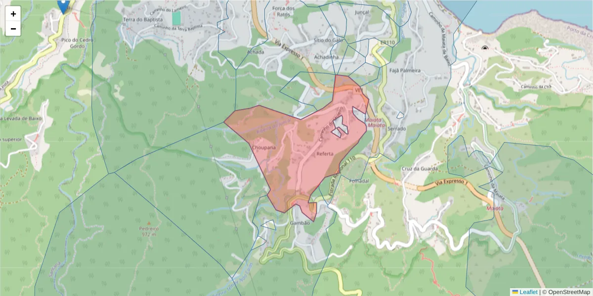 Mapa detalhado do código postal 9225-220 com limites, códigos postais vizinhos e agências dos correios