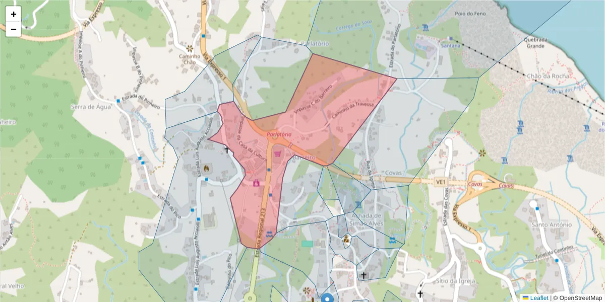 Mapa detalhado do código postal 9230-085 com limites, códigos postais vizinhos e agências dos correios