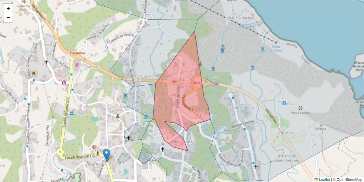 Mapa detalhado do código postal 9230-089 com limites, códigos postais vizinhos e agências dos correios