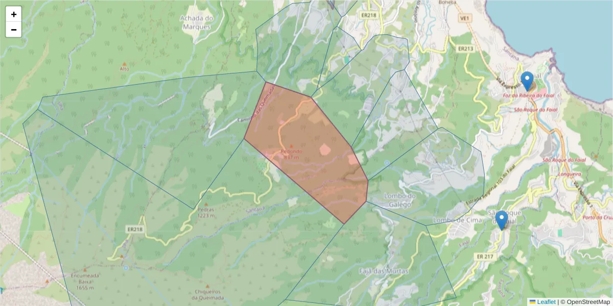 Mapa detalhado do código postal 9230-108 com limites, códigos postais vizinhos e agências dos correios
