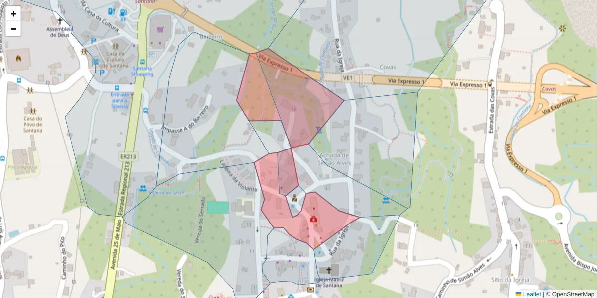 Mapa detalhado do código postal 9230-121 com limites, códigos postais vizinhos e agências dos correios
