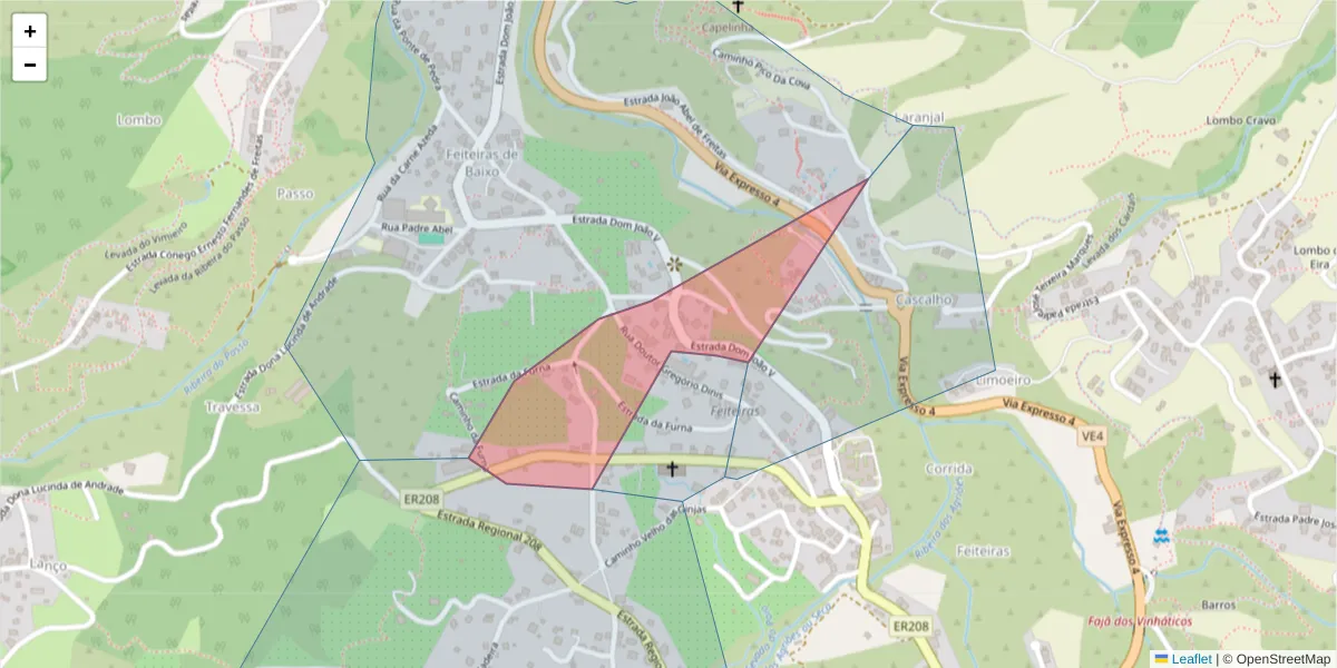 Mapa detalhado do código postal 9240-206 com limites, códigos postais vizinhos e agências dos correios