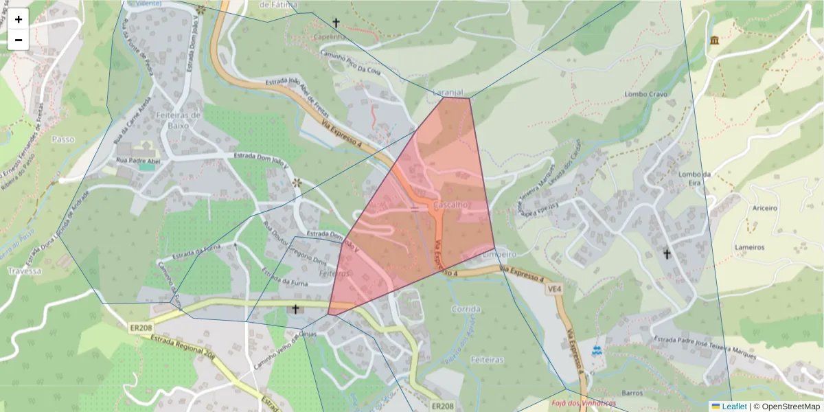 Mapa detalhado do código postal 9240 com limites, códigos postais vizinhos e agências dos correios