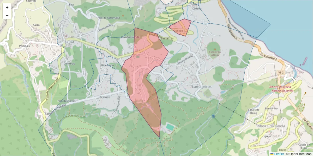 Mapa detalhado do código postal 9270-036 com limites, códigos postais vizinhos e agências dos correios