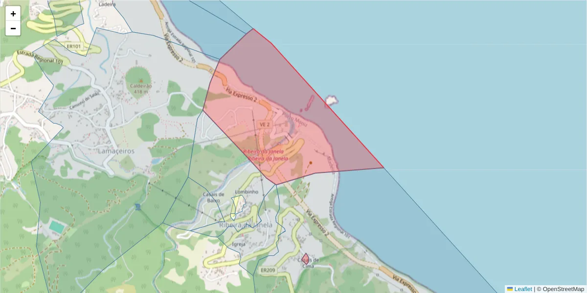 Mapa detalhado do código postal 9270-106 com limites, códigos postais vizinhos e agências dos correios