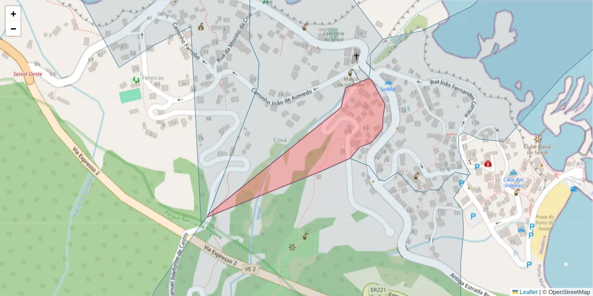 Mapa detalhado do código postal 9270-125 com limites, códigos postais vizinhos e agências dos correios