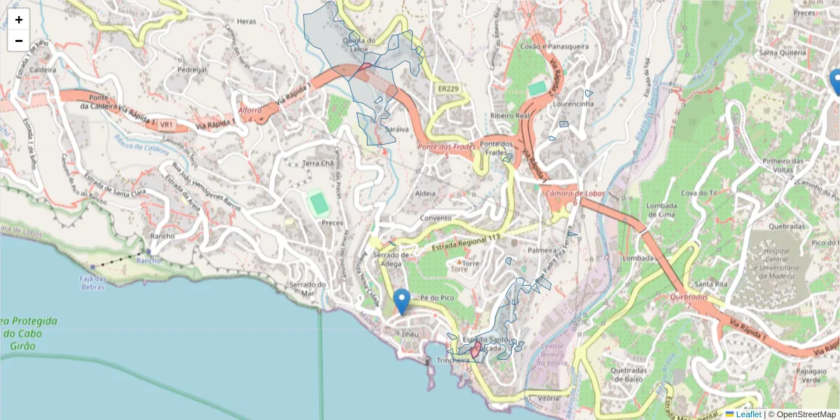 Mapa detalhado do código postal 9300-021 com limites, códigos postais vizinhos e agências dos correios