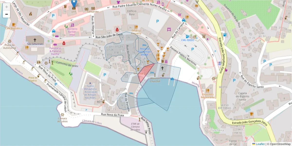 Mapa detalhado do código postal 9300-022 com limites, códigos postais vizinhos e agências dos correios