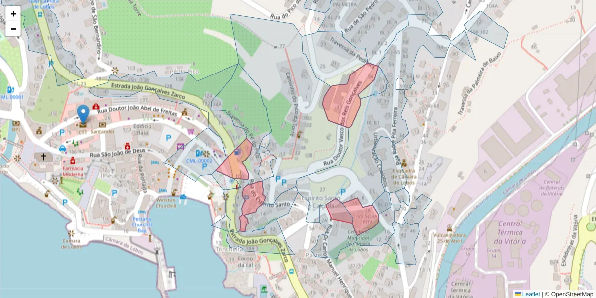 Mapa detalhado do código postal 9300-052 com limites, códigos postais vizinhos e agências dos correios
