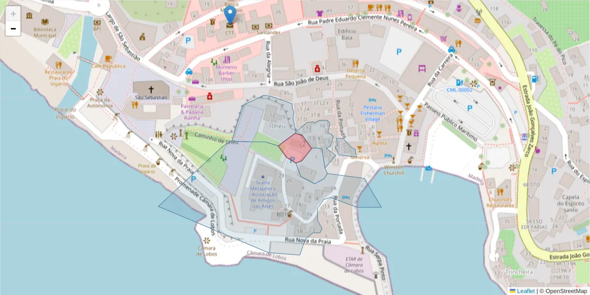 Mapa detalhado do código postal 9300-056 com limites, códigos postais vizinhos e agências dos correios