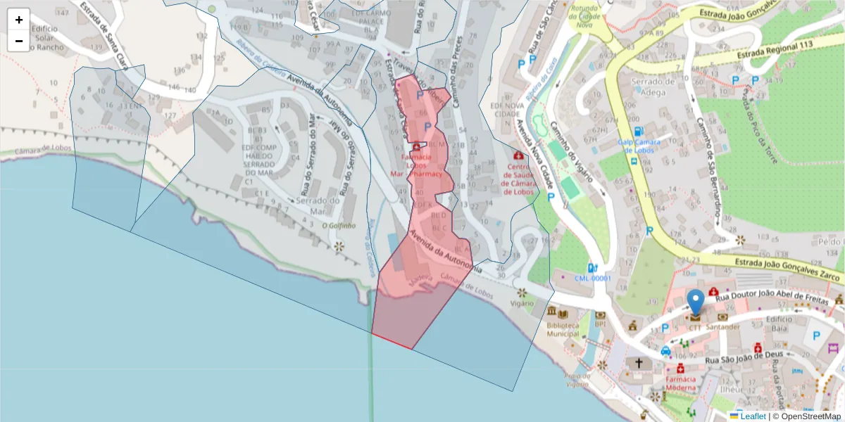 Mapa detalhado do código postal 9300-068 com limites, códigos postais vizinhos e agências dos correios